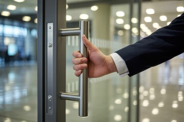 Businessman opening a modern glass door with a metal handle