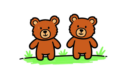 Fototapeta premium Two cartoon bears standing on green grass in a playful manner 
