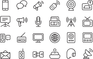 A sat of Collection of communication and media related hand drawn icons