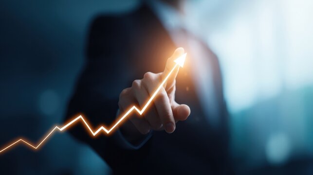 The business professional demonstrating upward trend with a digital arrow.