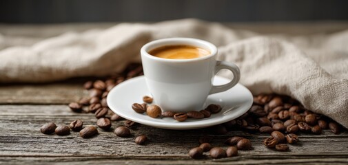 The inviting espresso cup surrounded by aromatic coffee beans on rustic wood.