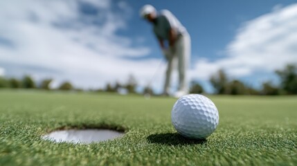 The golfer preparing to putt the ball into the hole on the green.