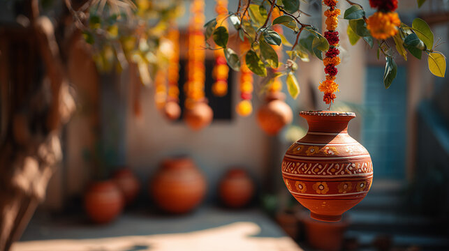 Nandotsav: Decorated matki (clay pot) hanging in courtyard, symbolizing celebration of Krishna&rsquo;s love for butter