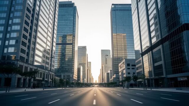 Empty city street bordered by highrise commercial buildings showcasing glass exteriors.