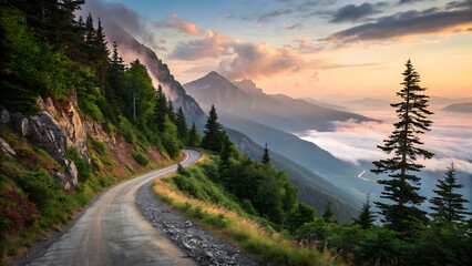 Winding Road to Serenity: A scenic view of a winding mountain road leading towards a breathtaking mountain peak in the distance.