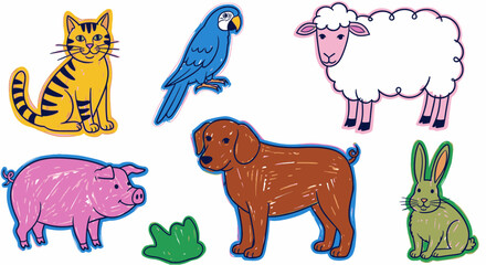 Obraz premium Colorful cartoon animals including dog, cat, pig, and sheep 