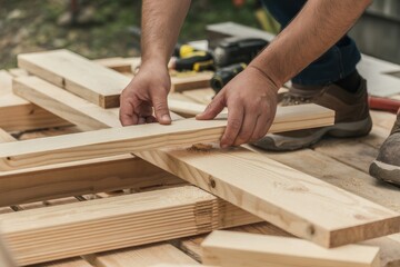 A carpenter assembling wooden planks for a construction project outdoors