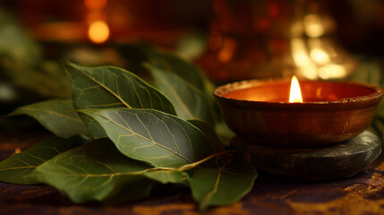Pradosh Vrat: Close-up of bilva leaves and diya placed on Shivalinga, warm soft lighting, symbolic of sacred Hindu ritual