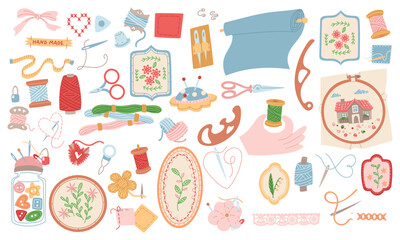 set of items for sewing and embroidery. flat color illustration. Threads, needles, fabrics, embroidery hoops, patches, needle cushion. for packaging design, prints, blogs, educational materials