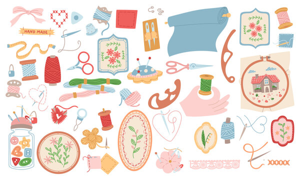 set of items for sewing and embroidery. flat color illustration. Threads, needles, fabrics, embroidery hoops, patches, needle cushion. for packaging design, prints, blogs, educational materials