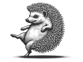 Dancing Hedgehog sketch engraving vector illustration. Scratch board imitation. Black and white image.