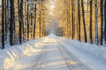 Winter road through snowy woods with sunlight filtering through the trees and landscape