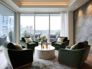 Fototapeta premium Contemporary living room with dark green velvet armchairs and a round marble coffee table.