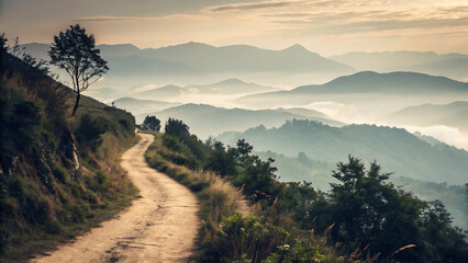 Winding Road to Serenity: An inviting dirt path meanders through rolling hills, offering a scenic journey towards a tranquil atmosphere shrouded in a gentle mist.