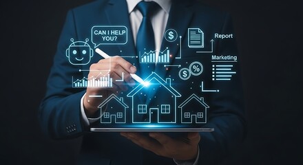 Future of real estate with AI robot assisting in property valuation and digital sales strategies.