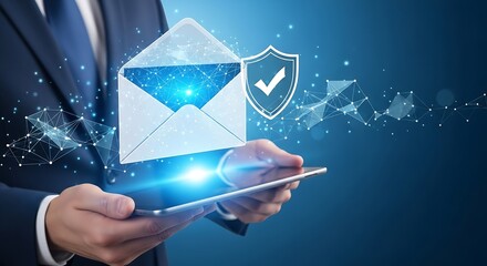 Secured Digital Email Communication: Businessman using tablet for safe email with encryption, data protection, and network security. Illustration