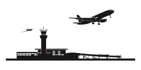 Silhouette Vector of Airport with Control Tower, Planes Taking Off and Parking on Runway