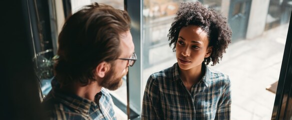 The couple engaging in a thoughtful conversation indoors at a cafe.