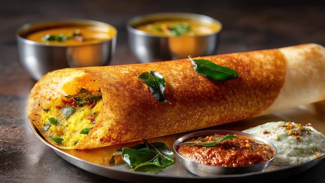  Close up Shot South Indian Masala Dosa served on a Banana Leaf over a Stainless-Steel Plate