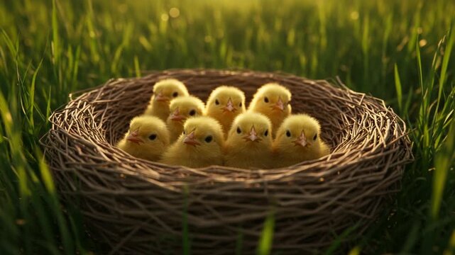 Cute yellow chicks nestled in a cozy grass nest
