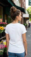 Woman in a white t-shirt walking down a street with flowers