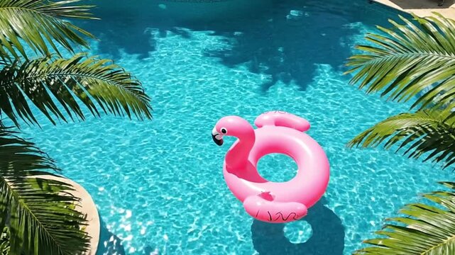 A pink flamingo floatie sits in a shimmering turquoise pool framed by green palm fronds