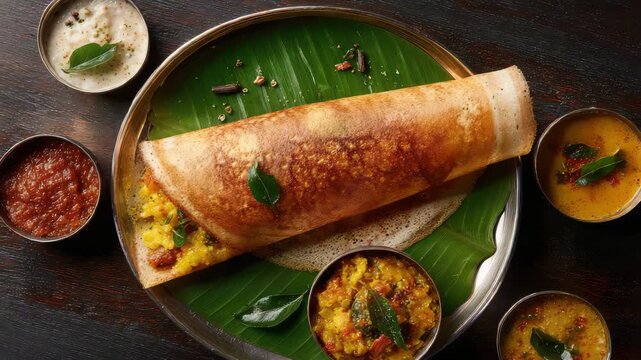  South Indian Masala Dosa served on a Banana Leaf over a Stainless-Steel Plate