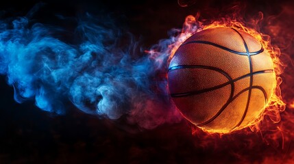 Fototapeta premium Basketball ignited in flames and blue smoke against a dark background