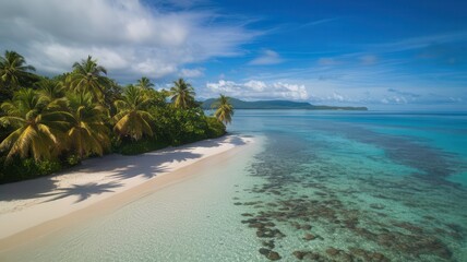 Fototapeta premium Idyllic Tropical Beach Paradise with Azure Waters and Lush Palm Trees