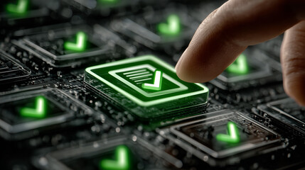 Digital Confirmation: A close-up shot of a finger pressing a glowing digital checkmark button on a modern interface. This image symbolizes approval, validation.