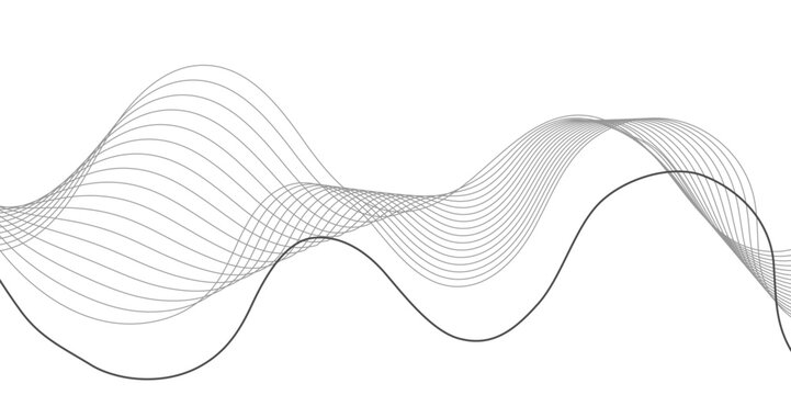 A minimalist abstract design featuring a dynamic, flowing wave pattern composed of thin, parallel lines in shades of gray, creating subtle depth on a clean white background.
