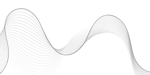 A minimalist abstract design featuring a dynamic, flowing wave pattern composed of thin, parallel lines in shades of gray, creating subtle depth on a clean white background.