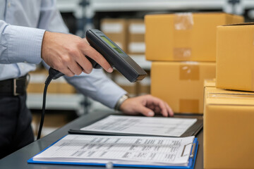 Warehouse worker scanning a barcode on a package with a handheld scanner