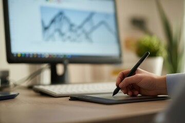 Obraz premium Person using a digital drawing tablet and stylus to create art on a computer