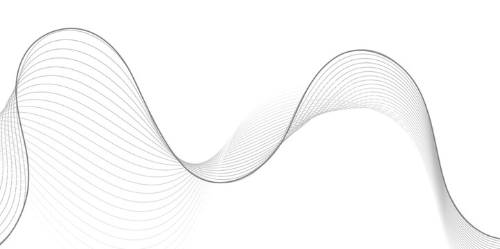 A minimalist abstract design featuring a dynamic, flowing wave pattern composed of thin, parallel lines in shades of gray, creating subtle depth on a clean white background.
