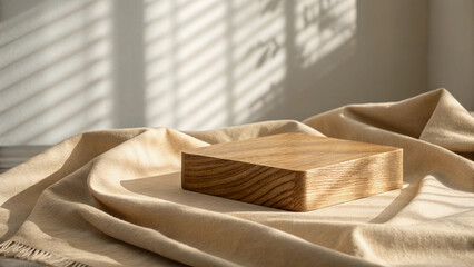 Minimal wood block on draped beige fabric