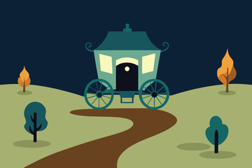 Enchanted Teal Carriage on Winding Path, Autumn Landscape, Flat Design Illustration