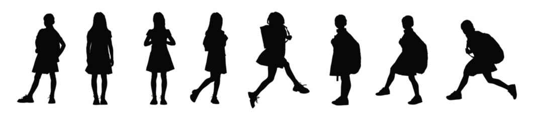 Collection of school girl silhouettes with backpacks, young female students in uniform standing, walking, and jumping, black vector set on white background, perfect for education and back to school th