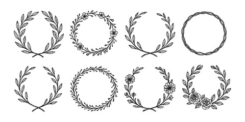 Collection of 8 elegant hand-drawn floral and leafy wreaths in circular form.