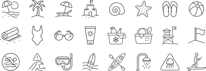 Beach vacation icon set with summer essentials like palm tree, seashell, ball, swimsuit, sunglasses and sandcastle. Outdoor recreation and water safety symbols in clean line vector illustration.