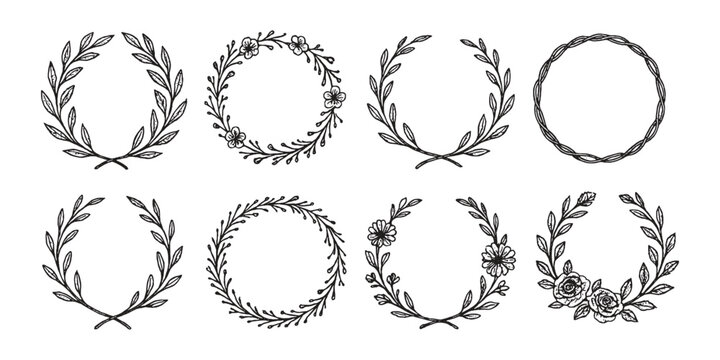Collection of 8 elegant hand-drawn floral and leafy wreaths in circular form.