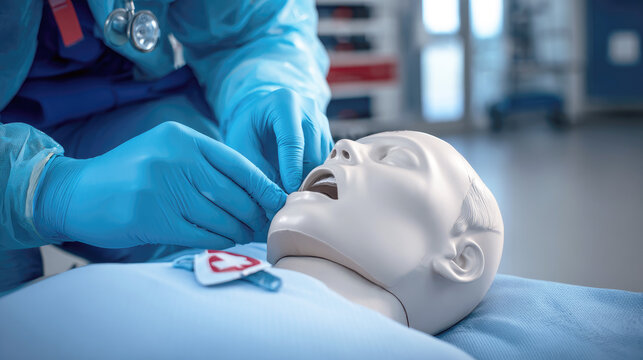 Medical professional practices CPR training on realistic mannequin in clinical setting.