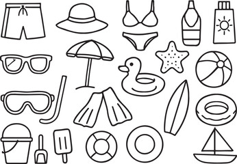 Beach vacation essentials collection line art summer travel