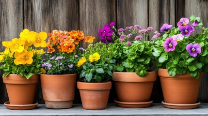 Fototapeta premium Assorted vibrant flowers spilling from weathered terracotta pots