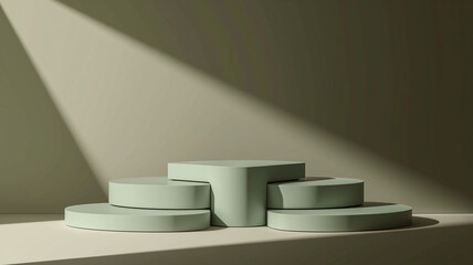  Geometric olive green podium under angled spotlight
