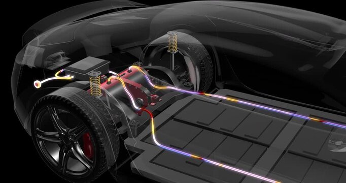 Standard electric car with lithium battery system producing power. Technology related 4K 3D Animation.