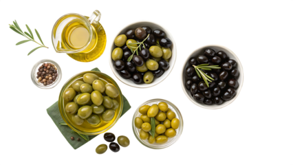 green and black olives in bowls and glasses isolated on white background PNG, AI GENERATED