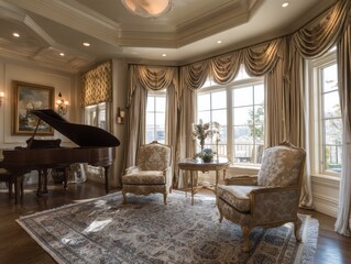 Luxurious interior of a music room with a grand piano and elegant furnishings.