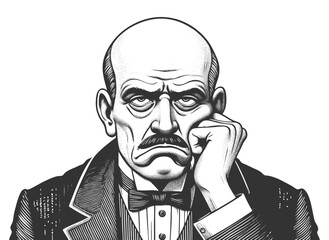 older bald man in formal attire with frustrated, grumpy expression, resting his head on his hand sketch engraving fictional character vector illustration. Scratch board. Black and white.