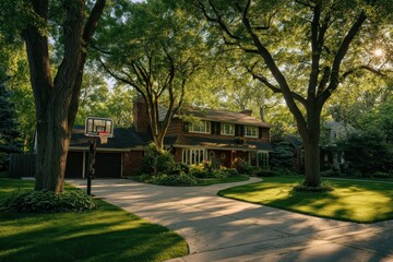 Suburban home with basketball hoop. Sunny background for real estate brochure